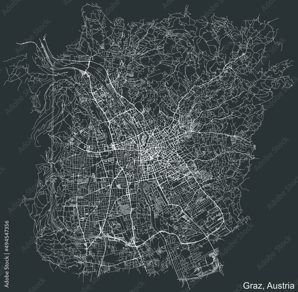 Detailed negative navigation white lines urban street roads map of the Austrian regional capital city of GRAZ, AUSTRIA on dark gray background