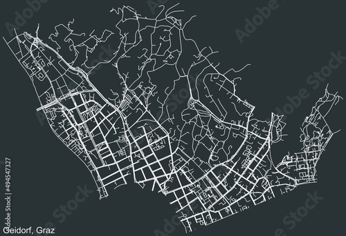 Detailed negative navigation white lines urban street roads map of the GEIDORF DISTRICT of the Austrian regional capital city of Graz, Austria on dark gray background