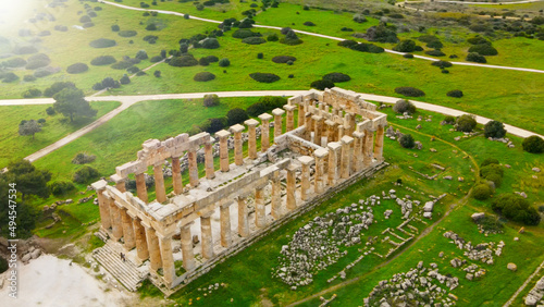 Aerial view from a drone of the Acropolis of Selinunte on the south coast of Sicily in Italy. photo
