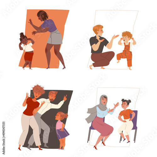 Family conflicts set. Parents yelling and arguing with their children vector illustration