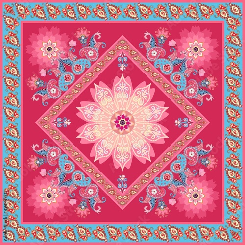 Beautiful square pattern with mandala and paisley on a crimson background for a scarf, carpet, napkin, pillow, bag in ethnic style. Vector print for fabric. Fashion accessory.