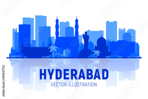 Hyderabad India skyline silhouette at white background. Vector Illustration. Business travel and tourism concept with modern buildings. Image for banner or web site.