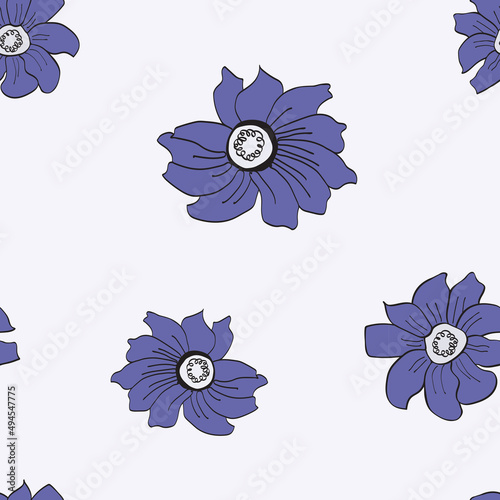 Flowers in very peri colour seamless pattern.