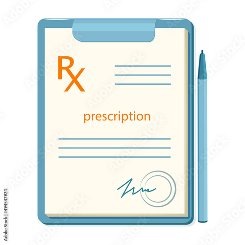 Form of doctor prescription for the purchase of medicines in pharmacy with pen on the right.