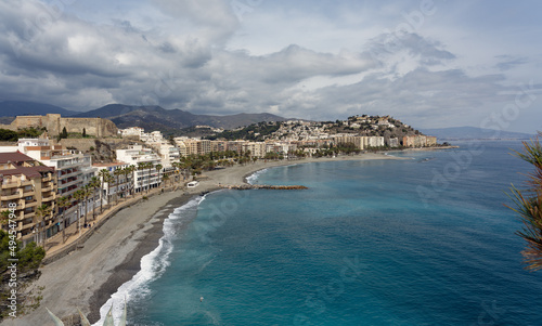 High angle view of Costa Tropical and Fuentepiedra beaches on the Mediterranean sea coast of Almuñecar, Granada, Spain.