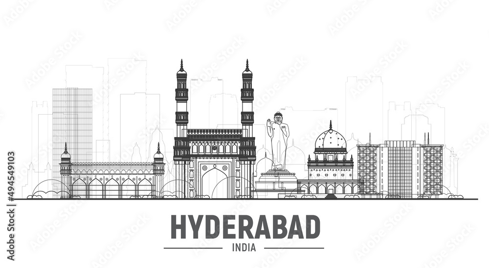 Hyderabad India line skyline with panorama in sky background. Vector Illustration. Business travel and tourism concept with modern buildings. Image for banner or web site.