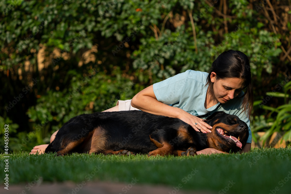 Wife Cuddling a teddy bear Rottweiler. Positive emotions showing the attachment between wife and pet love and trust and absolute endearment