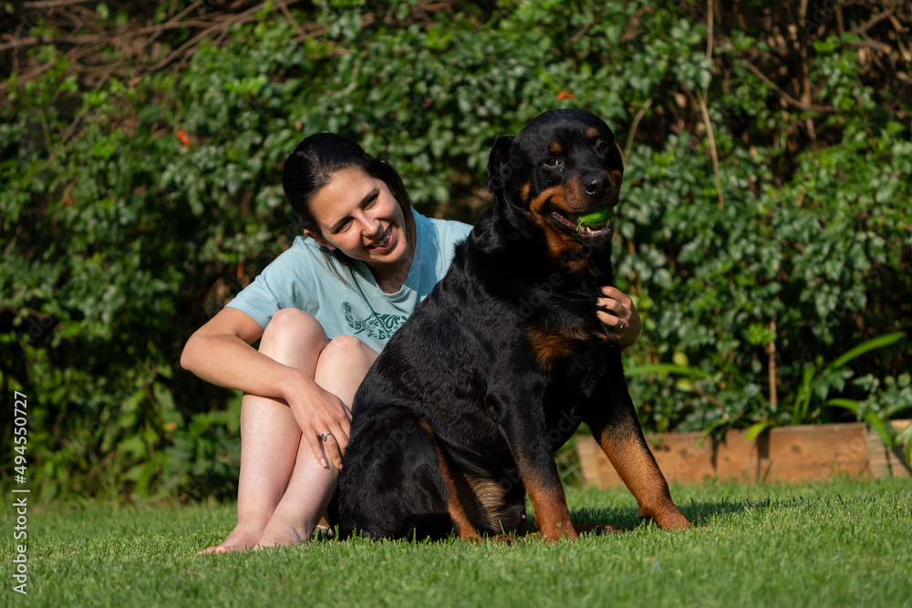 Wife Cuddling a teddy bear Rottweiler. Positive emotions showing the attachment between wife and pet love and trust and absolute endearment