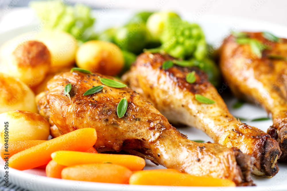 Roast Chicken Thighs with Potatoes, Carrots, Broccoli and Brussels Sprouts