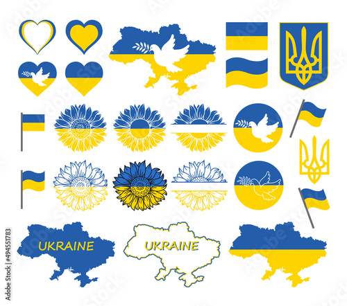 Set of patriotic elements of Ukraine: flag, coat of arms, map, heart, sunflower. The concept of peace in Ukraine. Colors of the flag of Ukraine. Vector illustration for your design.