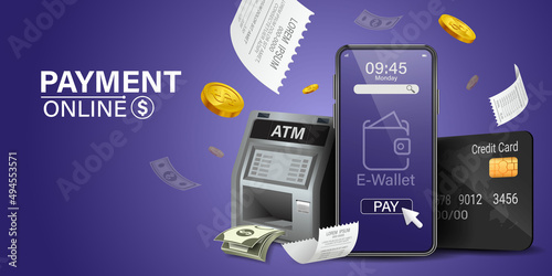 Using online money instead of cash. Fast and convenient mobile online transactions. Pay bills via mobile phone without using an ATM. Convenient and fast phone payment application. Vector illustration.
