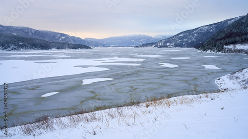 Frozen lake Kroderen in winter, Norway photo