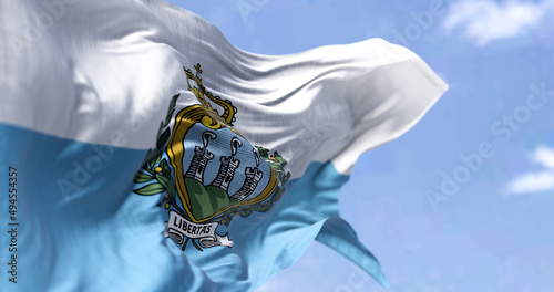 Detail of the national flag of San Marino waving in the wind on a clear da