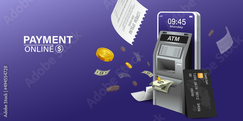 Using online money instead of cash. Fast and convenient mobile online transactions. Pay bills via mobile phone without using an ATM. Convenient and fast phone payment application. Vector illustration.