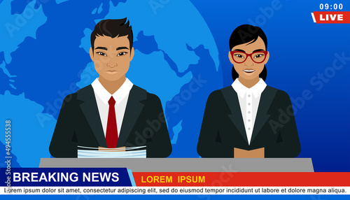 Vector live news studio with TV presenters. TV channel with talking presenters. Journalism, television concept, television newsroom.