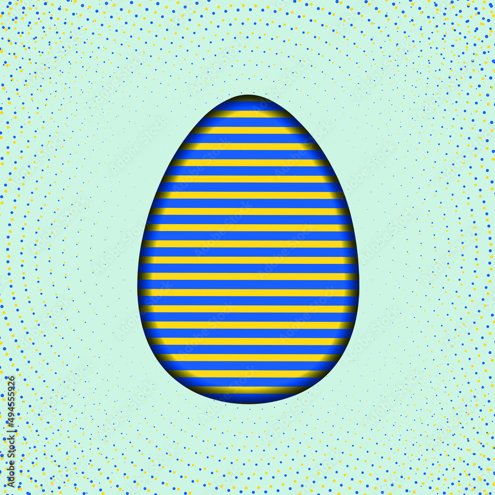 Easter card paper cut out with blue yellow striped egg shape on spotted background. Creative Easter holiday concept with copy space. vector illustration