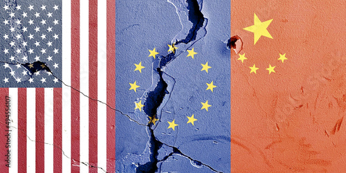 Photography Grunge USA Europe China vertical flags isolated on broken concrete wall with cra