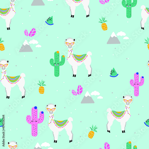 Funny Llama seamless pattern. Happy alpaca  on the dessert background. Textile pattern
