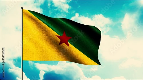  The flag of the French Guina. Motion. Green and yellow flag with a red star in the middle in the animation. photo