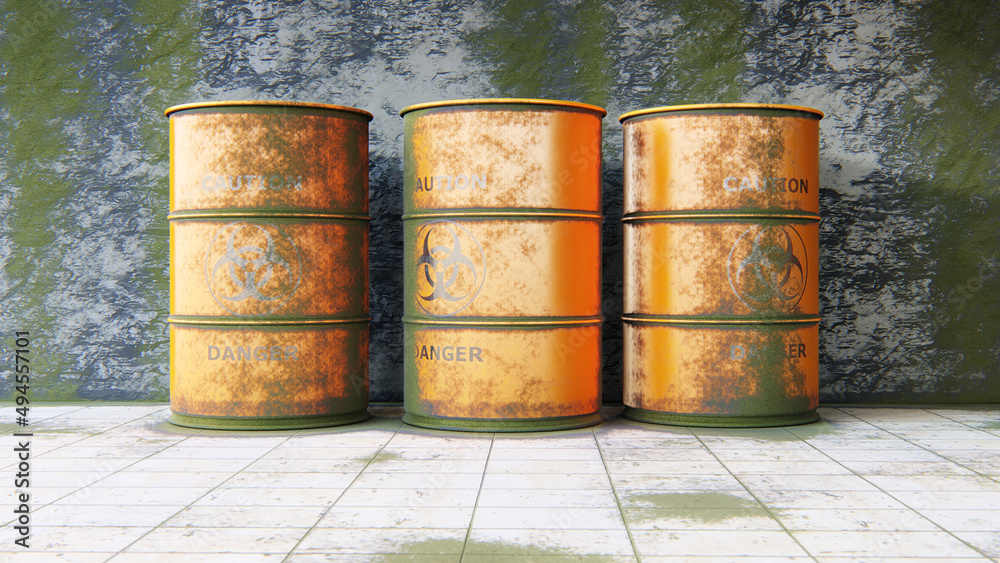 Biohazard barrels in a dirty room 3D rendering Biohazard barrels in a dirty room 3D rendering