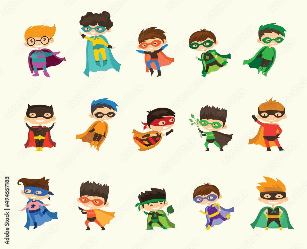 Vector illustrations of female and male kids superheroes in funny comics costume