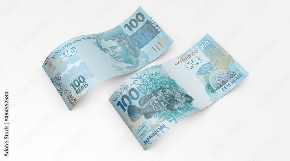 3d Money notes of 100 reais, 100 reais and 100 reais from brazil in wood background. Money from brazil. earn money. Real, Currency, Dinheiro, Reais, Brasil. Money banknotes 3d illustration. - obrazy, fototapety, plakaty 