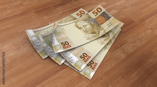 3d Money notes of 50 reais, 50 reais and 50 reais from brazil in wood background. Money from brazil. earn money. Real, Currency, Dinheiro, Reais, Brasil. Money banknotes 3d illustration.