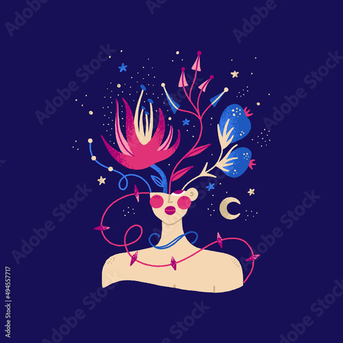 Vector bust of a woman. An illustration of the inner self, subconsciousness, imagination, individuality. Introvert. Surreal composition. Print on T-shirt, postcard, diary cover