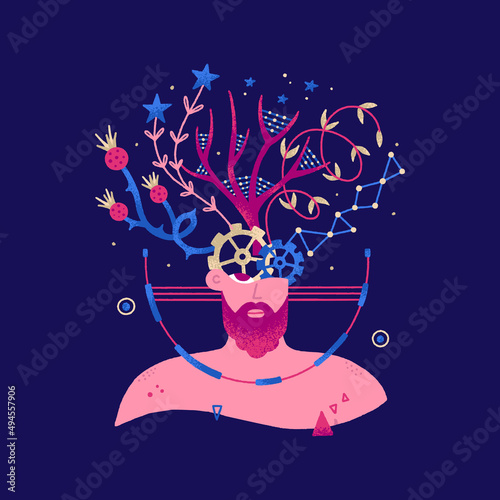 Vector bust of a man. An illustration of the inner self, subconsciousness, imagination, individuality. Introvert. Surreal composition. Print on T-shirt, postcard, diary cover