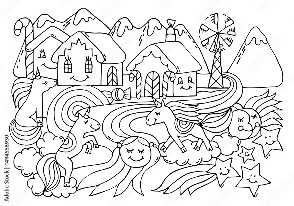 Coloring page with unicorns and candy city. Fairy tale. Happy home and mountains with wind power plant in sky. Colouring book. Worksheet for kids.