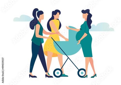 pregnancy and motherhood. young couple is expecting baby. Pregnant woman with tummy on background of leaves. Girl with boyfriend newborn baby. positive pregnancy test. Vector illustration 