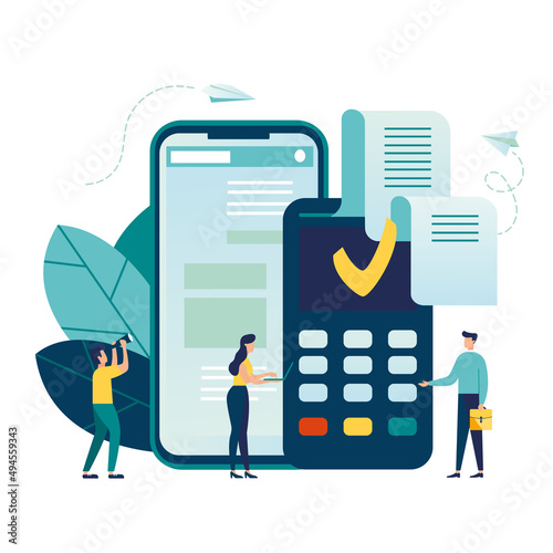 tax income banking statement documentation , bookkeeping service online. electronic Mobile payment, payment notification, large tablet with check, contract conclusion, information search vector