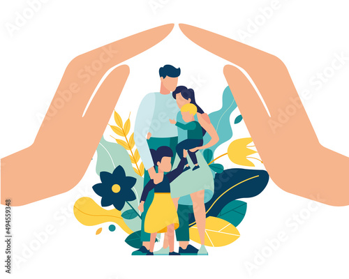 family insurance pregnancy and motherhood. young couple is expecting baby. Pregnant woman with tummy on background of leaves. Girl with boyfriend newborn baby. Vector illustration 