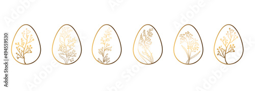 Eggs in golden style. With golden flowers and branches. vector file. Isolated on white background with a different pattern for a greeting card. Christ is risen.