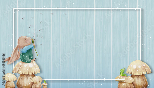 Watercolor Cute Rabbit sitting on mushroom blowing dandelion flower on blue wooden wall background,Vector illustration hand paint cartoon bunny on wood panel textured for Easter,Spring, Summer banner