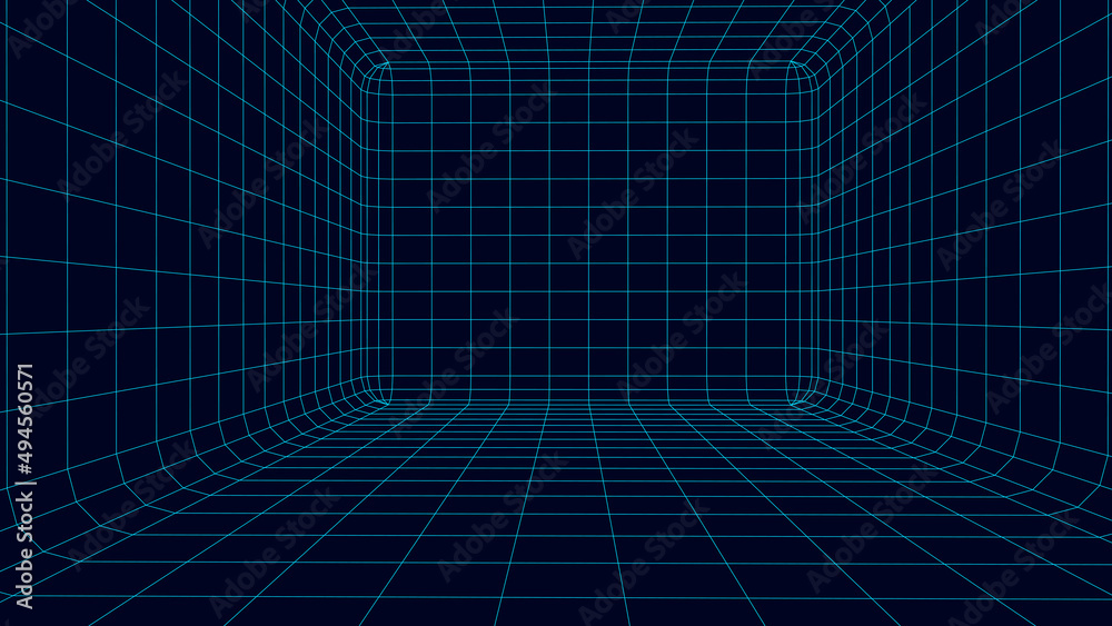 Fototapeta premium Perspective blue grid on a dark background. Futuristic vector illustration. Virtual reality framework. Background in the style of the 80s.