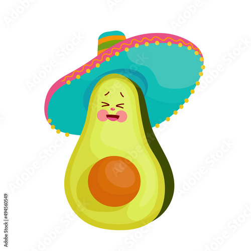 Cute avocado in mexican sombrero. Cheerful cartoon character. Vector graphics.