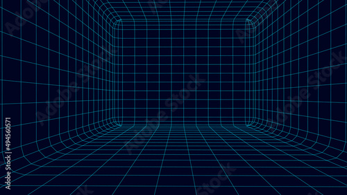 Perspective blue grid on a dark background. Futuristic vector illustration. Virtual reality framework. Background in the style of the 80s.