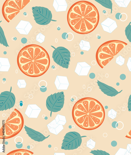 Seamless pattern with orange, mint and ice on yellow background. Summer pattern.