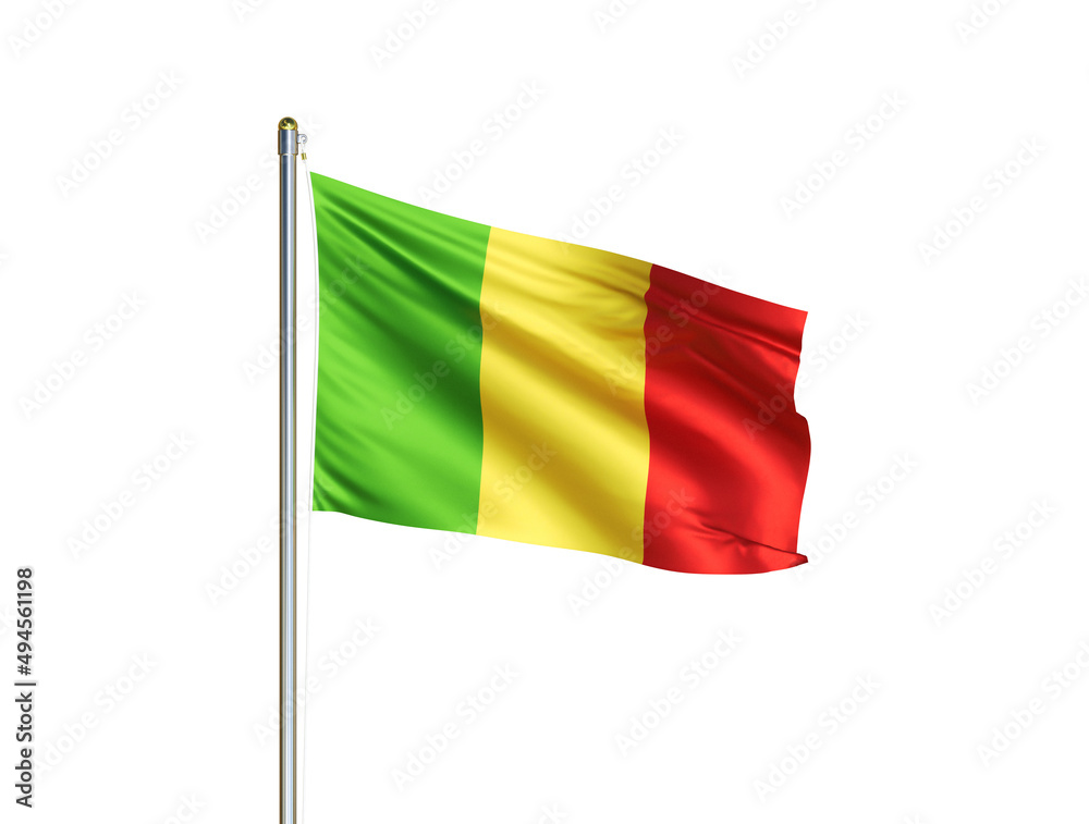 Mali national flag waving in isolated white background. Mali flag. 3D illustration Mali national flag waving in isolated white background. Mali flag. 3D illustration