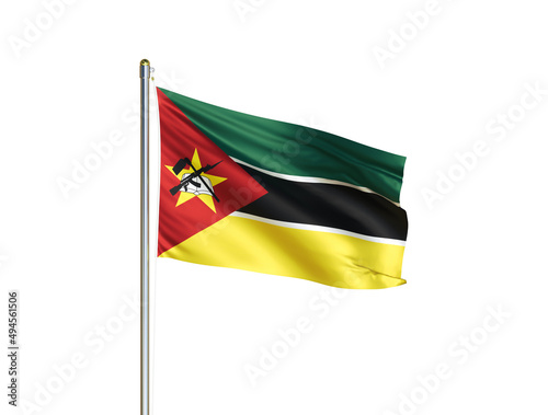Mozambique national flag waving in isolated white background. Mozambique flag. 3D illustration
