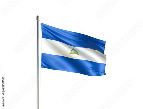 Nicaragua national flag waving in isolated white background. Nicaragua flag. 3D illustration