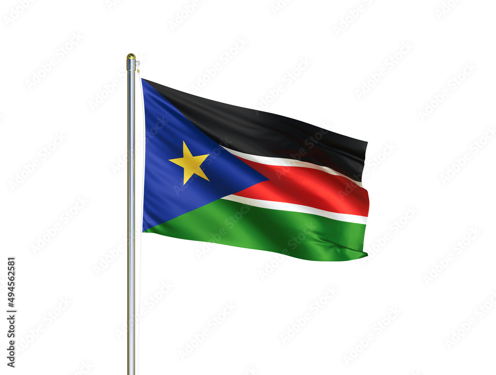 South Sudan national flag waving in isolated white background. South Sudan flag. 3D illustration South Sudan national flag waving in isolated white background. South Sudan flag. 3D illustration