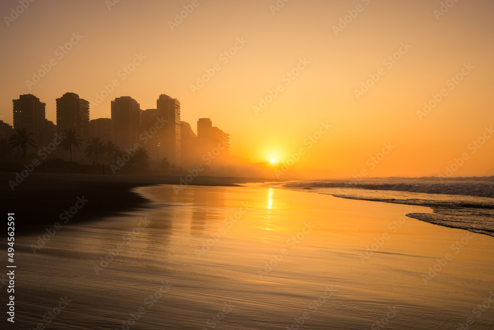 Barra da Tijuca Beach on Sunrise With Apartment Buildings in Front of the Ocean in Rio de Janeiro, Brazil