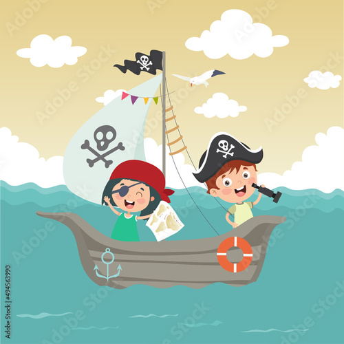 Cute Cartoon Boy and Girl as Pirate. Adventure on Boat in Sea Flat Illustration