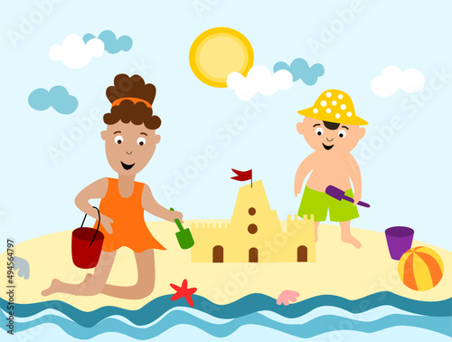   Vector summer image. Happy kids 
build a sand castle on the beach. Sea.  
Holidays. Horizontal eps design 
template for banner, poster, print, background, 
advertising for kids camp