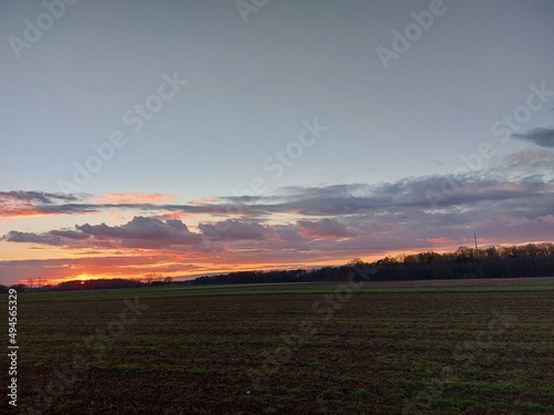 Herrlicher Sonnenuntergang. Die Natur versinkt in Dunkelheit. In der Ferne sieht man Silhouetten von verzweigten Laubbäumen ohne Blätter. Das Tageslicht verblasst am Horizont. Die Dunkelheit im Morgen