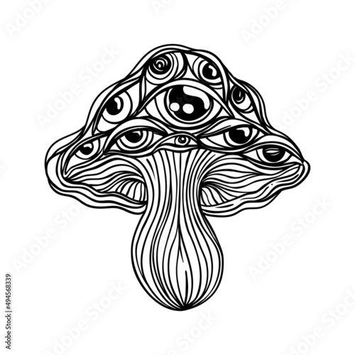 Magic mushrooms. Psychedelic hallucination. Outline vector illustration isolated on white. 60s hippie art. Coloring book for kids and adults.