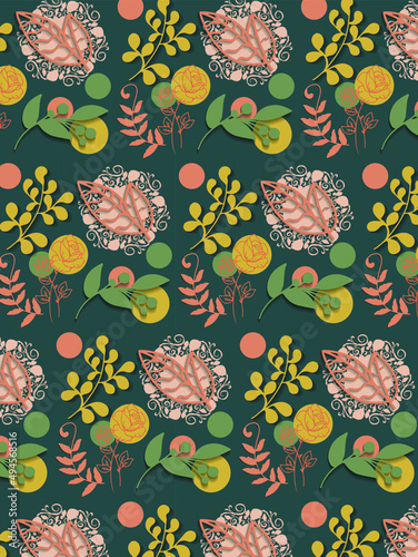 Seamless abstract pattern with flowers and plants on the blue background.