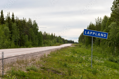 travel sweden and scandinavia, road sign in Sweden marking the area of Lappland in the northern parts of Scandinavia